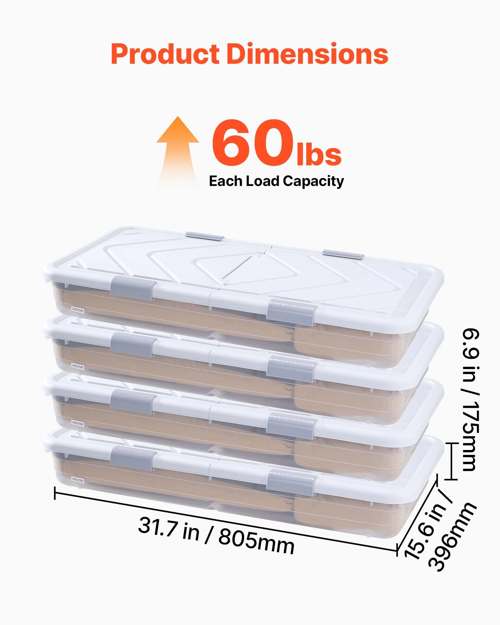 Under Bed Storage With Wheels, 31.7 X 15.6 X 6.9 Inch Underbed Containers,